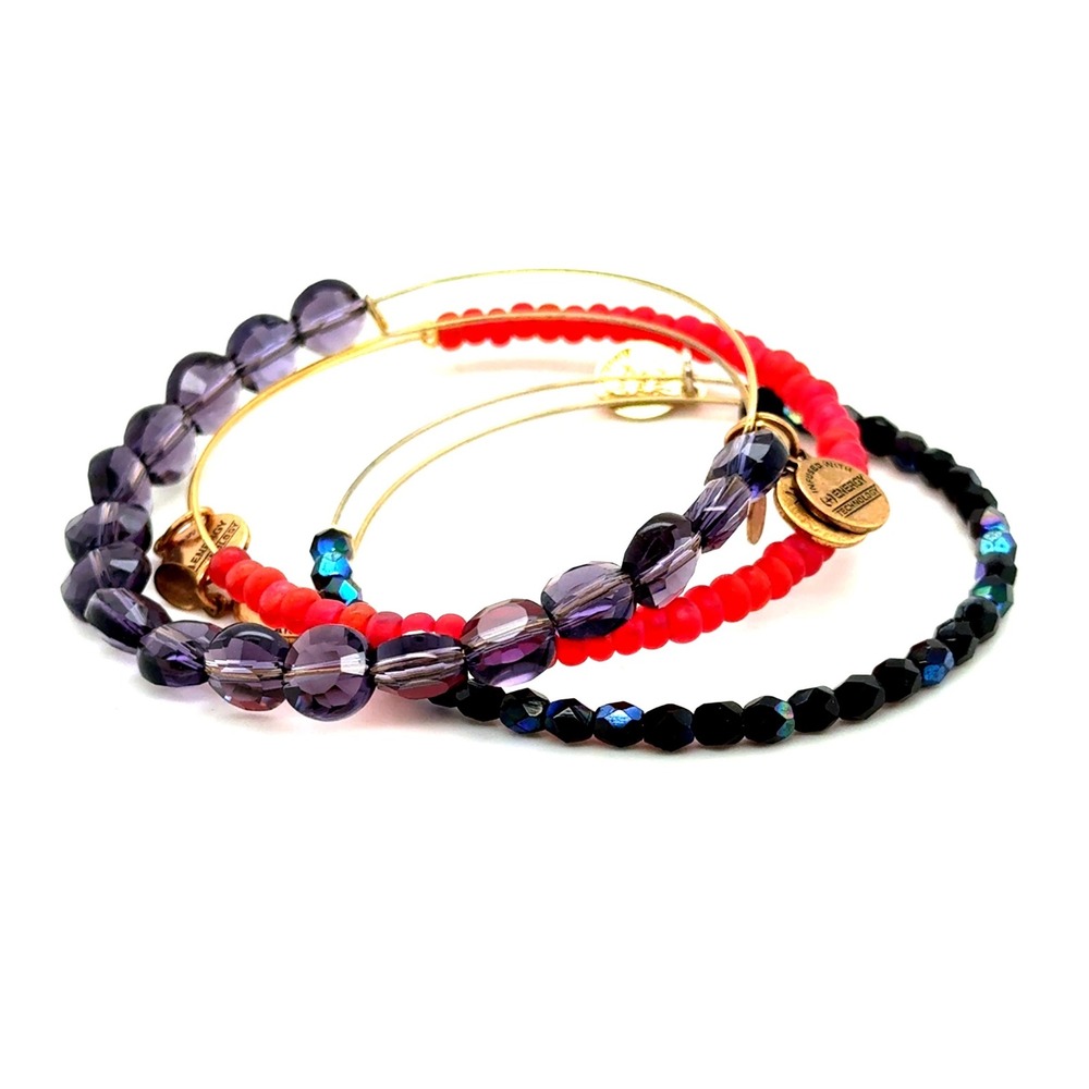 Alex and Ani Beaded Bangle Set Purple Red Black Iridescent Gold Tone Expandable